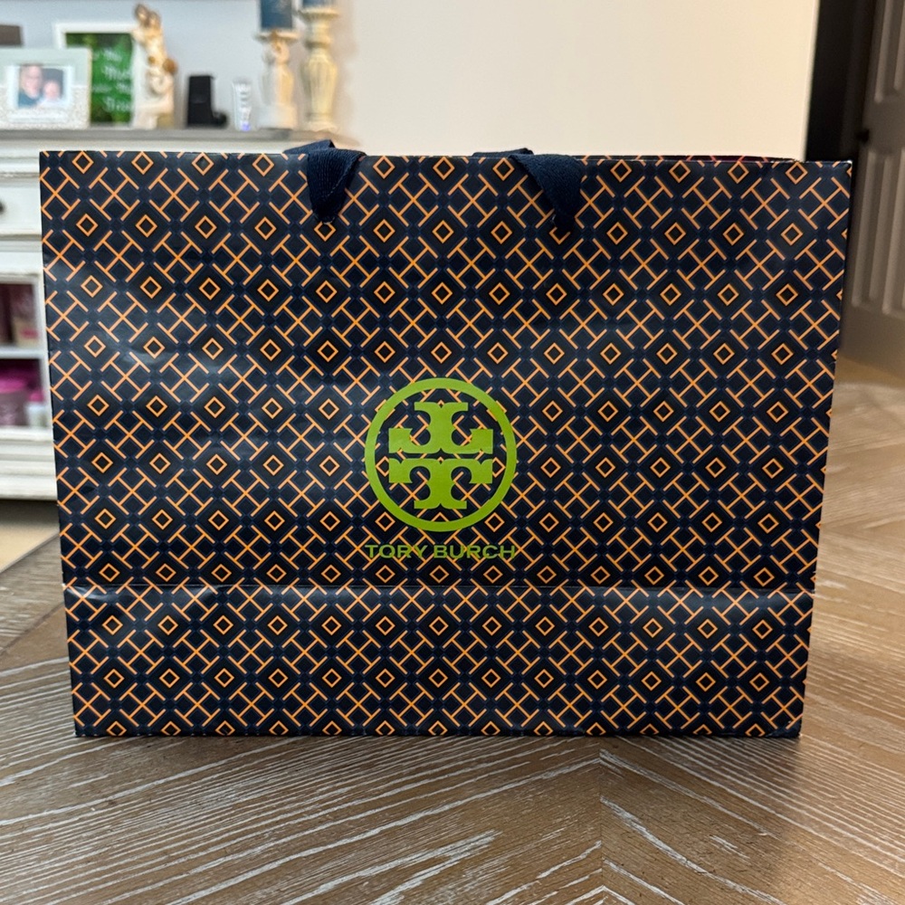 Tory Burch Navy and Orange Geometric Gift Bag